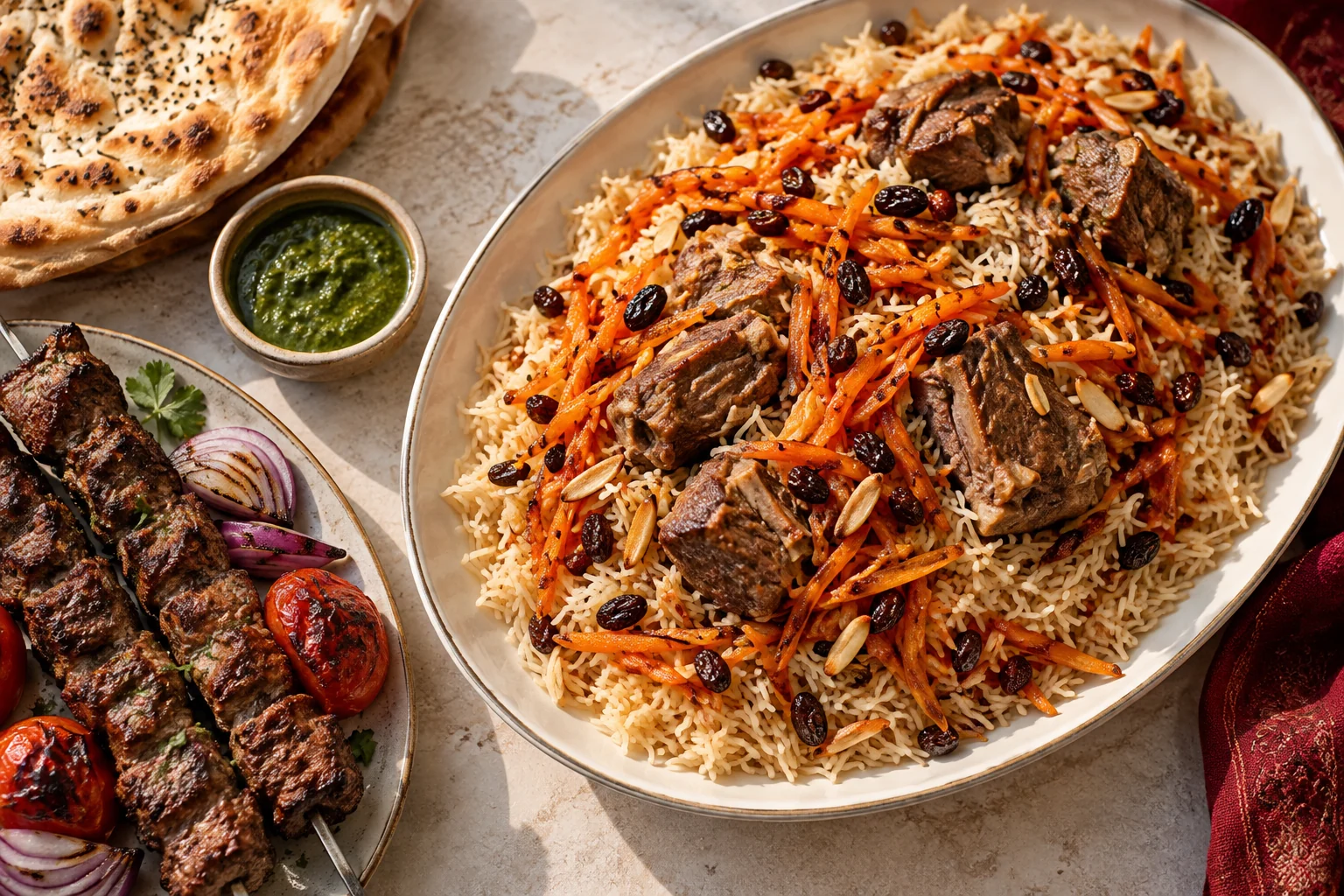 Kabuli pulao, grilled kebabs and fresh Afghan naan